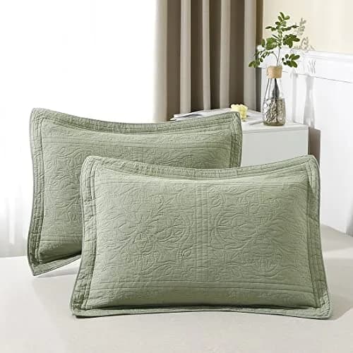 WINLIFE 100% Cotton Quilted Pillow Sham Floral Printed Pillow Cover Sage Green | Standard Size, 20 x 26 Inch thumbnail 1