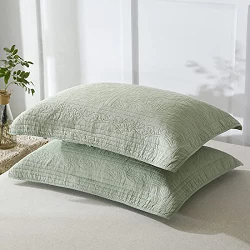 WINLIFE 100% Cotton Quilted Pillow Sham Floral Printed Pillow Cover Sage Green | Standard Size, 20 x 26 Inch thumbnail 2