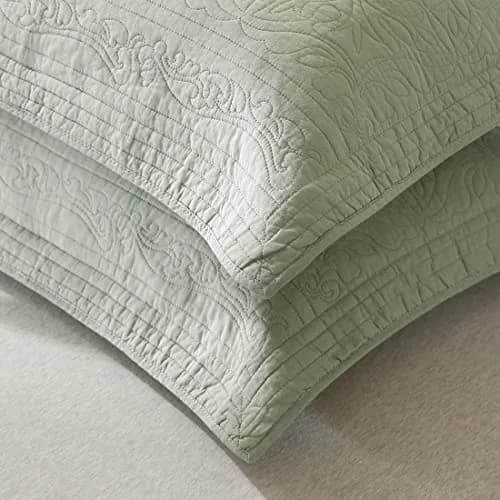 WINLIFE 100% Cotton Quilted Pillow Sham Floral Printed Pillow Cover Sage Green | Standard Size, 20 x 26 Inch thumbnail 3