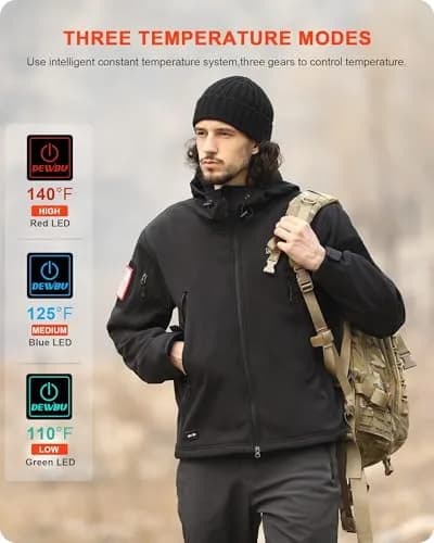DEWBU Heated Jacket for Men with 12V Battery Pack | Soft Shell, Water Resistant, 5 Heating Zones, Black, 2XL thumbnail 4