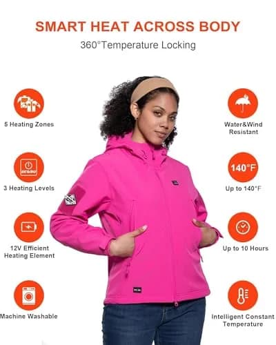 DEWBU Women's Heated Jacket with 12V Battery Pack | Winter Soft Shell Coat, Rose Red, Large thumbnail 3