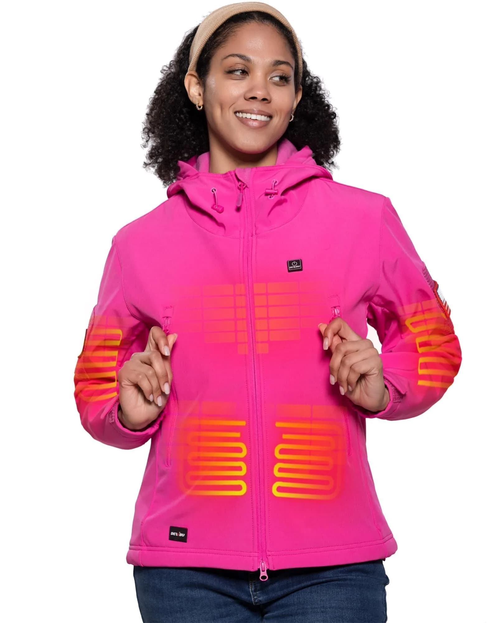 DEWBU Women Heated Jacket with 12V Battery Pack | Soft Shell Winter Coat for Outdoor Use — Rose Red / X-Small