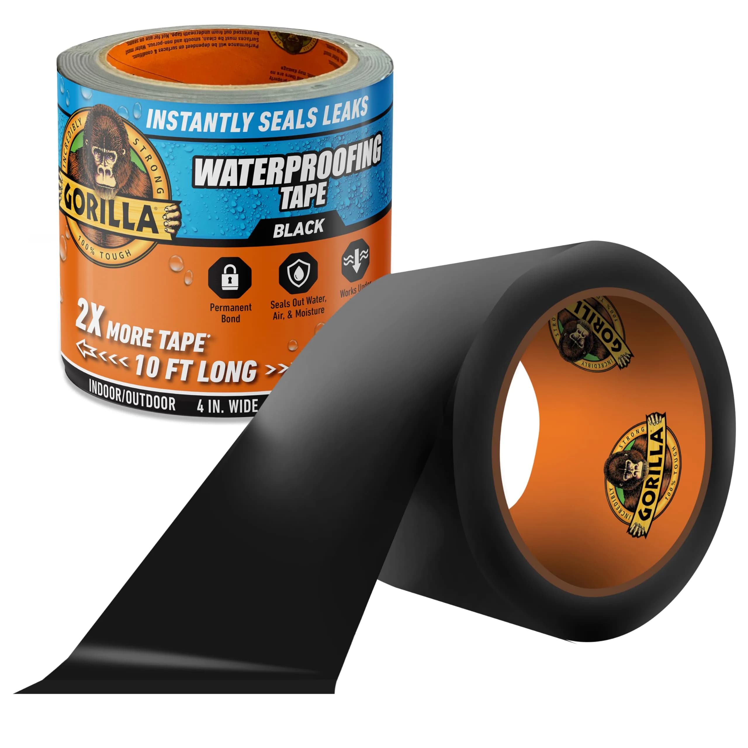 Gorilla Waterproof Patch & Seal Tape Black 4" x 10' (10 ft x 4 in) | Seals Water, Air, Moisture Permanently