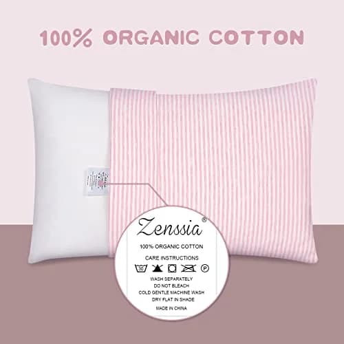 Zenssia Organic Cotton Toddler Pillow Case 33x46 cm (13x18 Inches), 2 Pack Pink Stripe | Soft & Breathable for Baby thumbnail 2
