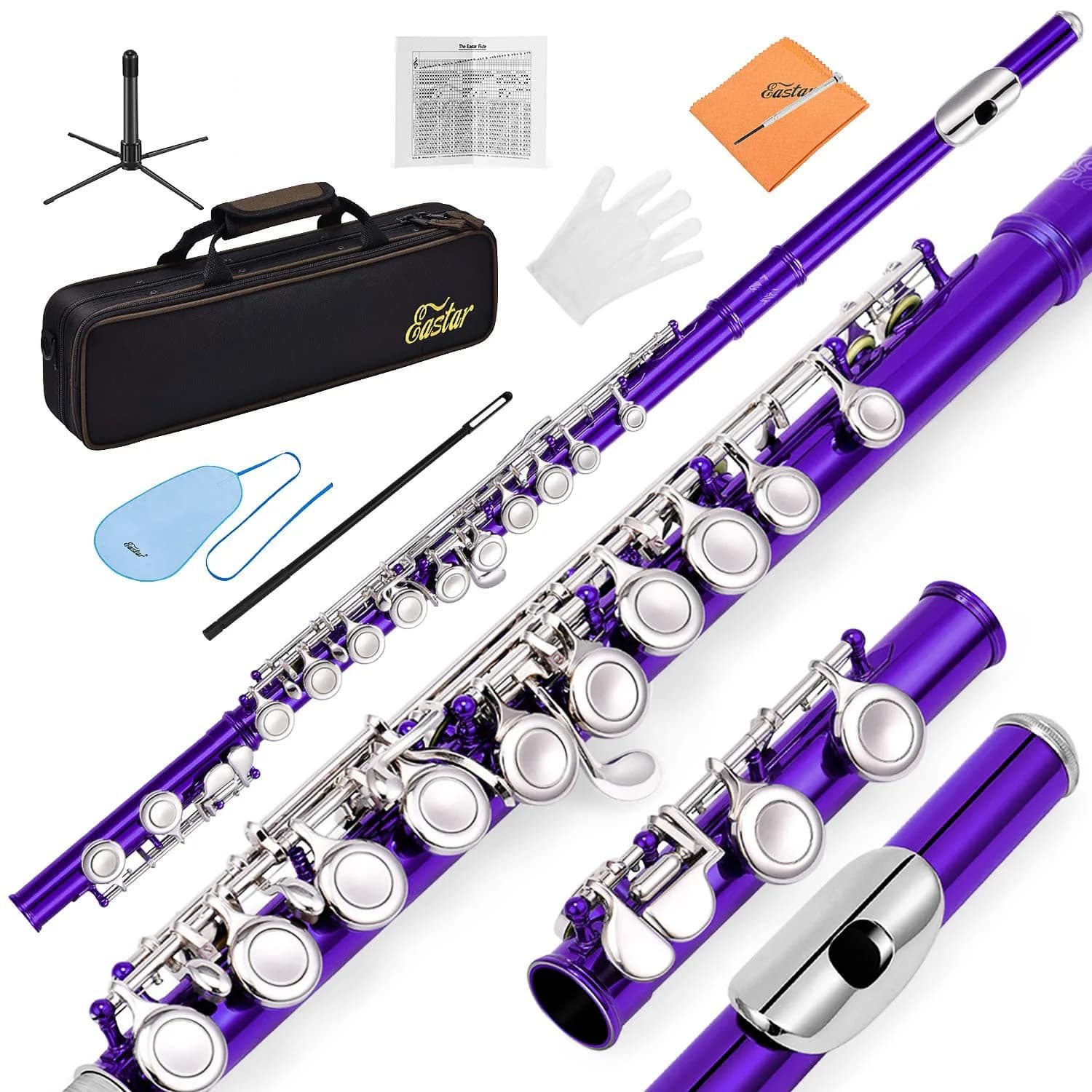 Eastar Closed Hole 16 Keys Flute for Beginner Kids Student with Fingering Chart, Cleaning Kit, Stand, Case, Gloves, Tuning Rod, Purple | Beginner Concert Flute