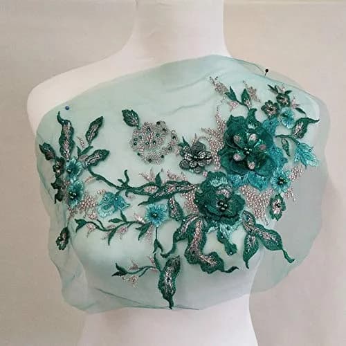 FEEPOP 3D Embroidered Patches Nail Bead Tulle Applique Flower Patch 35cm x 28cm | Wedding & Dress Decor - main product image