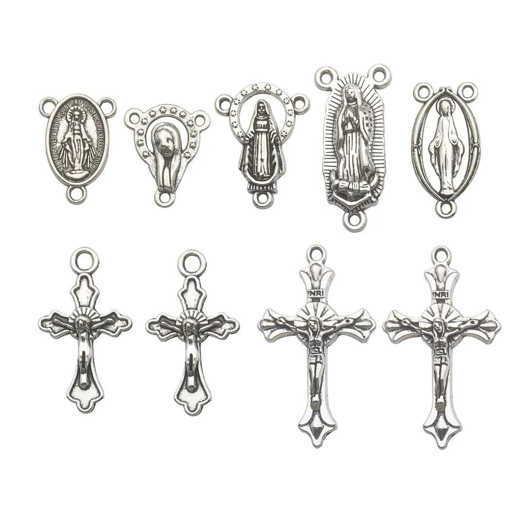 iloveDIYbeads Antique Silver Cross Jesus Maria Charms 100g (60pcs) | Catholic Jewelry Findings for Rosary Making - main product image