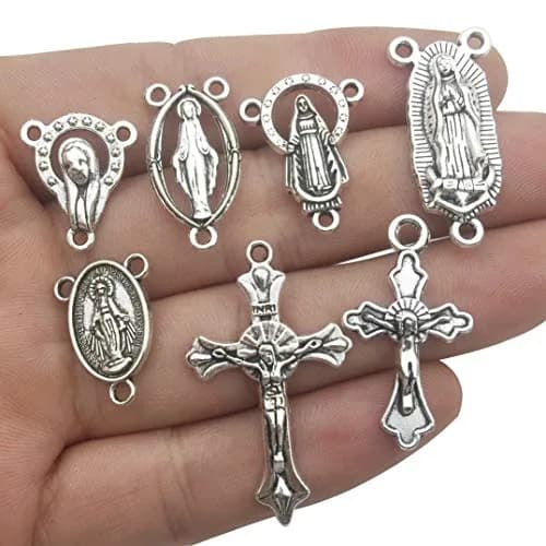 iloveDIYbeads Antique Silver Cross Jesus Maria Charms 100g (60pcs) | Catholic Jewelry Findings for Rosary Making thumbnail 2