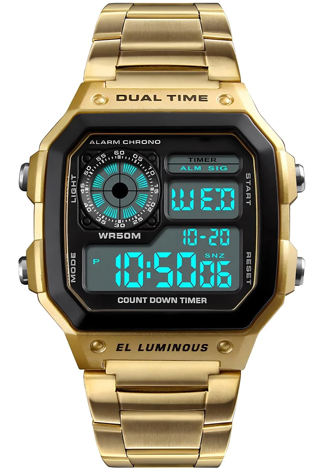 PASOY Men's Digital Sport Watch 43mm (1.7 inch) Dual Time Stopwatch Countdown | 50M Water Resistant Sport Watch — Gold