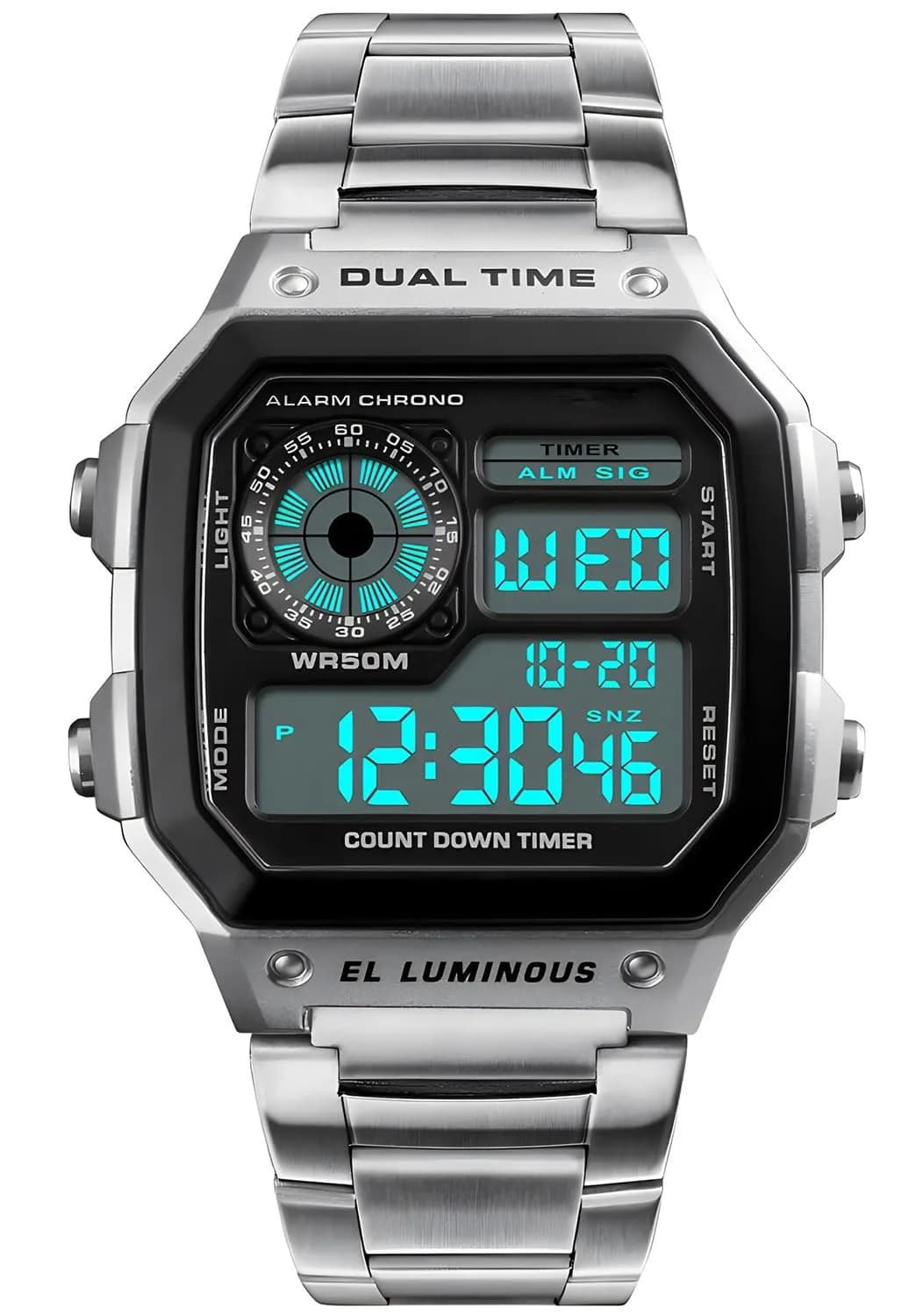 PASOY Men's Digital Sport Watch 43mm (1.7 inch) Dual Time Stopwatch Countdown | 50M Water Resistant Sport Watch — Silver