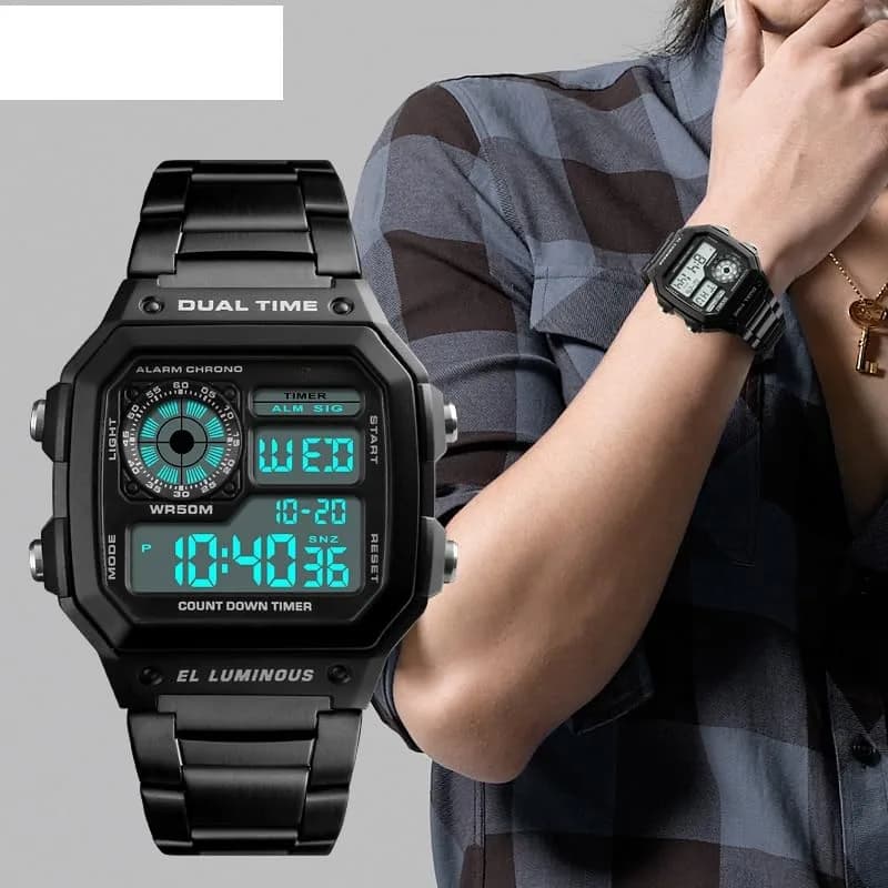 PASOY Men's Digital Sport Watch 43mm (1.7in) | Dual Time, Stopwatch, Countdown, Backlight, 50M Water Resistant thumbnail 9