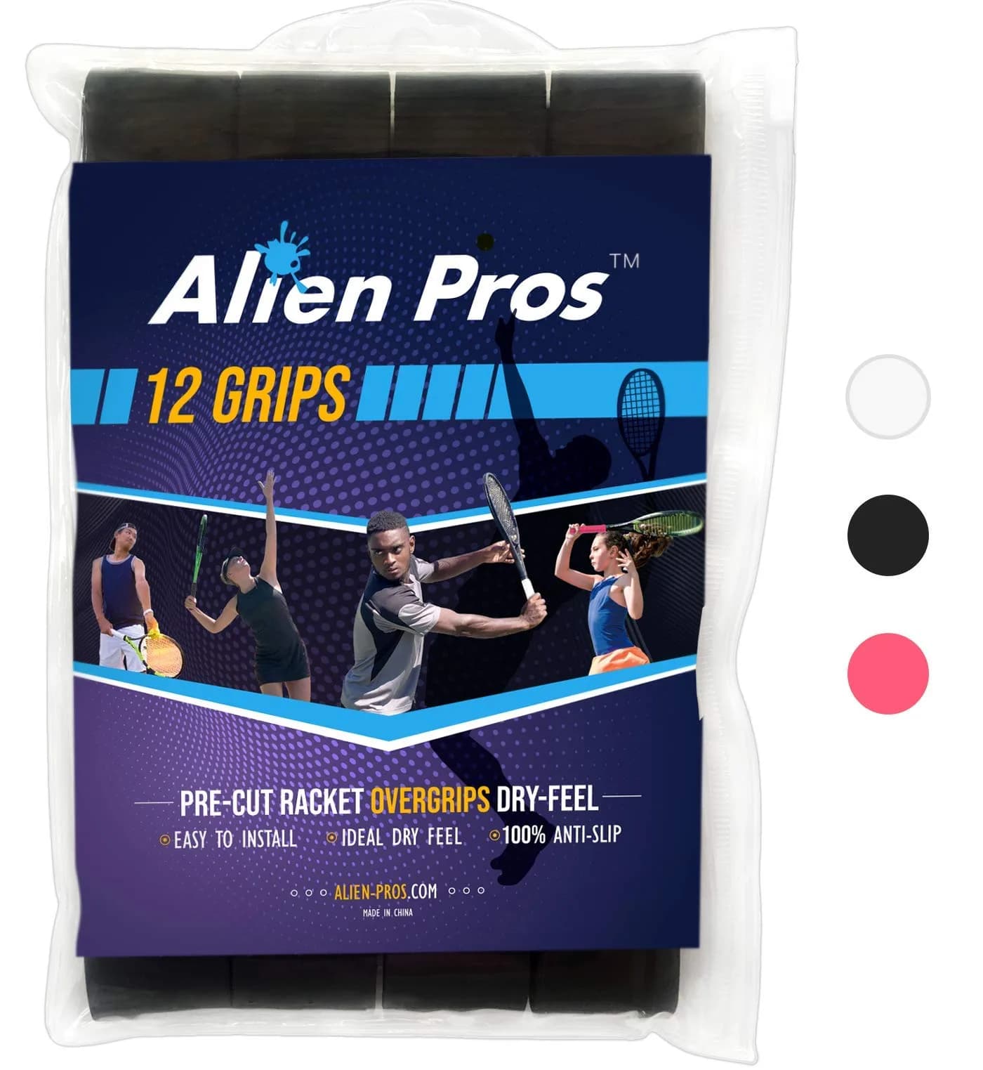 ALIEN PROS Tennis Racket Grip Tape 12 Grips | Dry Feel & Absorbent Overgrip for High Performance — White