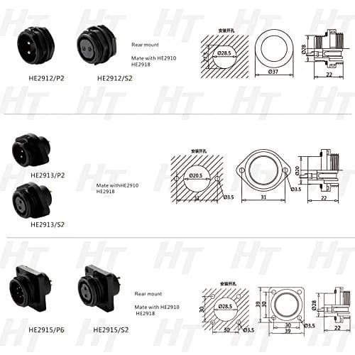 HangTon HE29 22 Pin Waterproof Circular Connector Male Cable Plug with Panel Mount Socket, 250V 5A, 12-15mm Cable Range | IP68 Rated for Harsh Environments thumbnail 6
