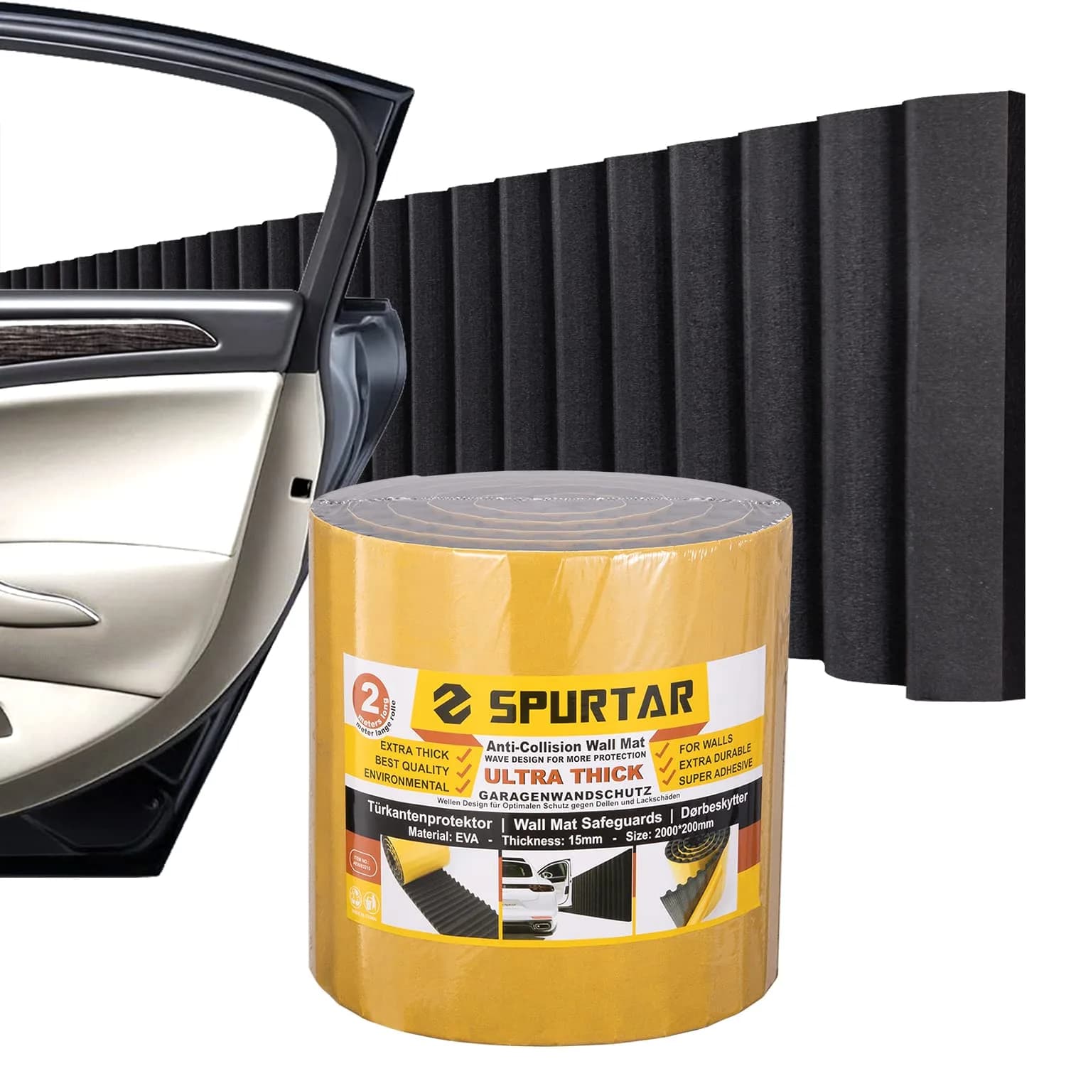 Spurtar Garage Wall Protector, Waterproof Car Door Protector EVA Foam 200cm x 20cm x 0.65cm (79" x 8" x 0.25") | German Design — Black