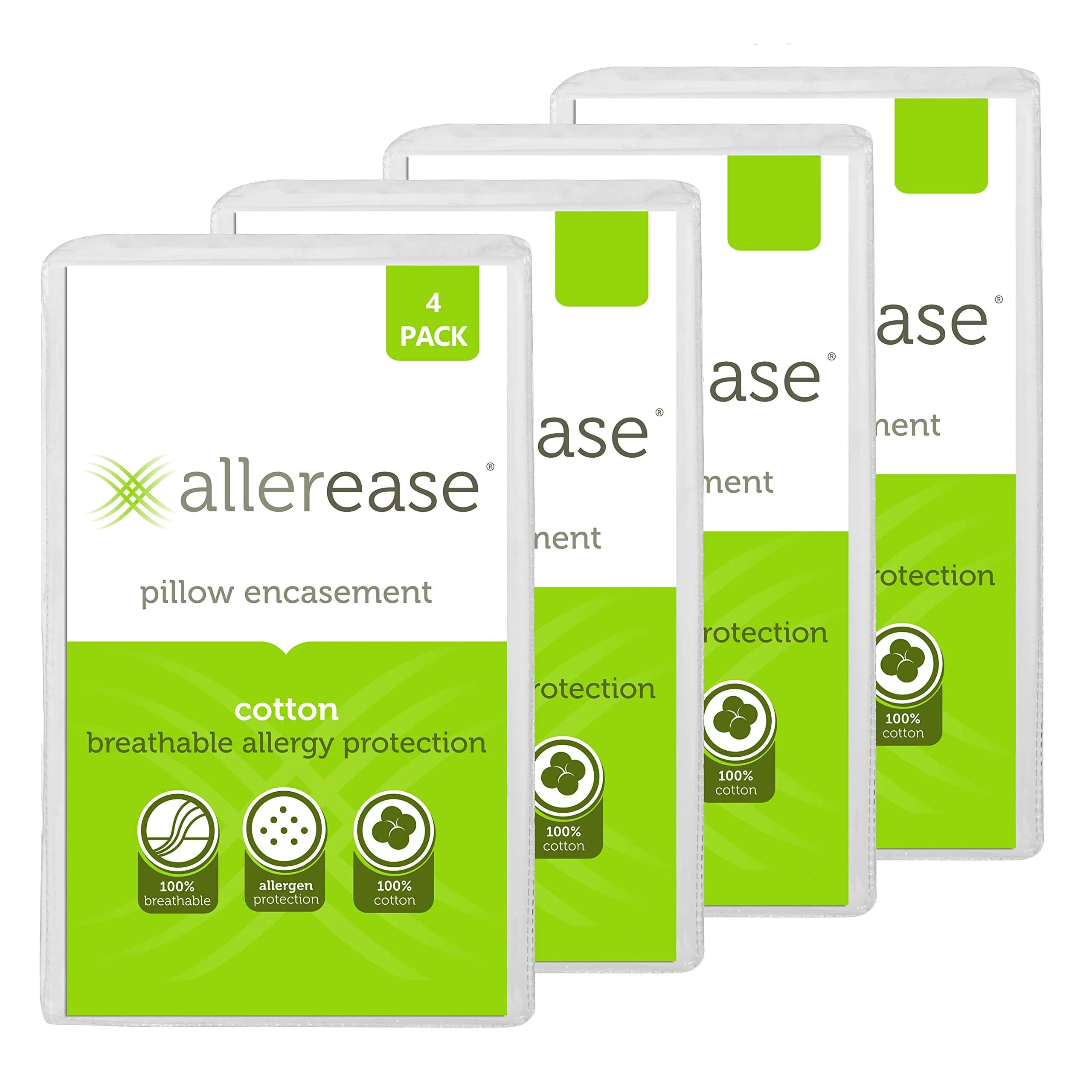 Aller-Ease 100% Cotton Allergy Pillow Protectors Standard 4 Pack | Zippered Breathable Barrier — White
