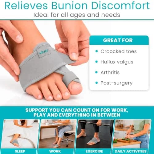 Vive Bunion Brace (Pair) - Big Toe Corrector Straightener with Splint, Gray | Orthopedic Brace for Pain Relief thumbnail 3