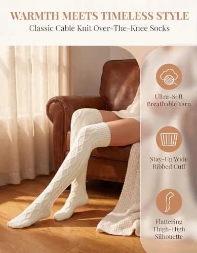 Leoparts Women's Cable Knit Thigh High Socks Over Knee Leg Warmer Stockings | Versatile Winter Stockings for Women thumbnail 4