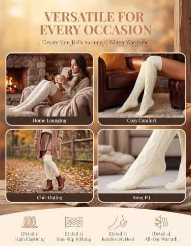 Leoparts Women's Cable Knit Thigh High Socks Over Knee Leg Warmer Stockings | Versatile Winter Stockings for Women thumbnail 6