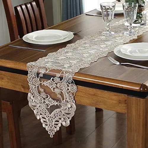 Gleamique Lace Table Runner and Dresser Scarf Floral Champagne 10 x 60 Inches | Elegant Vintage Lace Decor thumbnail 1