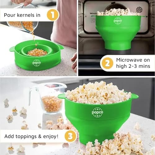 POPCO Silicone Popcorn Popper Large 15 Cup Capacity Green | Collapsible Microwave Popcorn Maker with Handles & Lid thumbnail 5