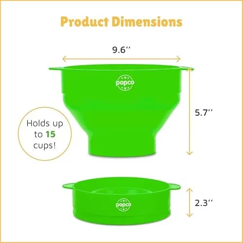 POPCO Silicone Popcorn Popper Large 15 Cup Capacity Green | Collapsible Microwave Popcorn Maker with Handles & Lid thumbnail 3