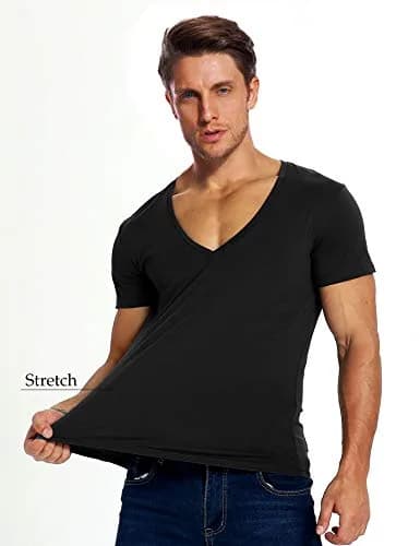 Zecmos Men's Black V Neck T-Shirt Slim Fit 100% Cotton | Lightweight Undershirt thumbnail 2