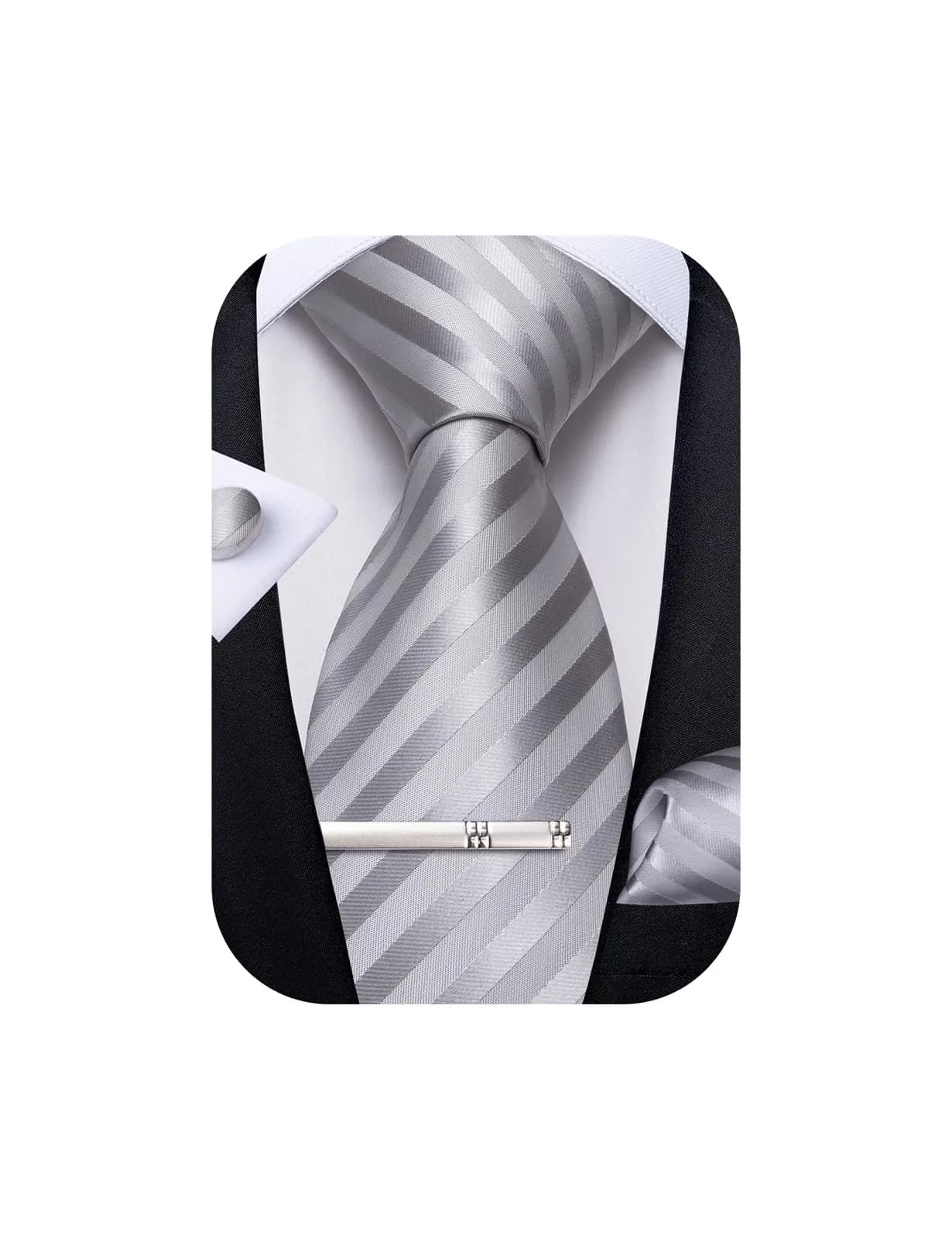 DiBanGu Silver and Grey Silk Necktie Set with Pocket Square, Cufflinks & Tie Clip | 157 cm (62 in) Length - main product image