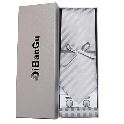 DiBanGu Silver and Grey Silk Necktie Set with Pocket Square, Cufflinks & Tie Clip | 157 cm (62 in) Length thumbnail 4