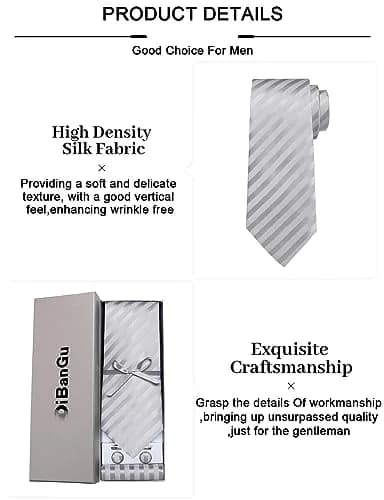 DiBanGu Silver and Grey Silk Necktie Set with Pocket Square, Cufflinks & Tie Clip | 157 cm (62 in) Length thumbnail 7