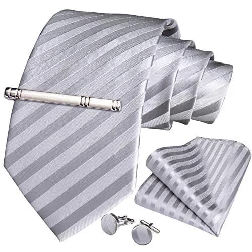 DiBanGu Silver and Grey Silk Necktie Set with Pocket Square, Cufflinks & Tie Clip | 157 cm (62 in) Length thumbnail 3