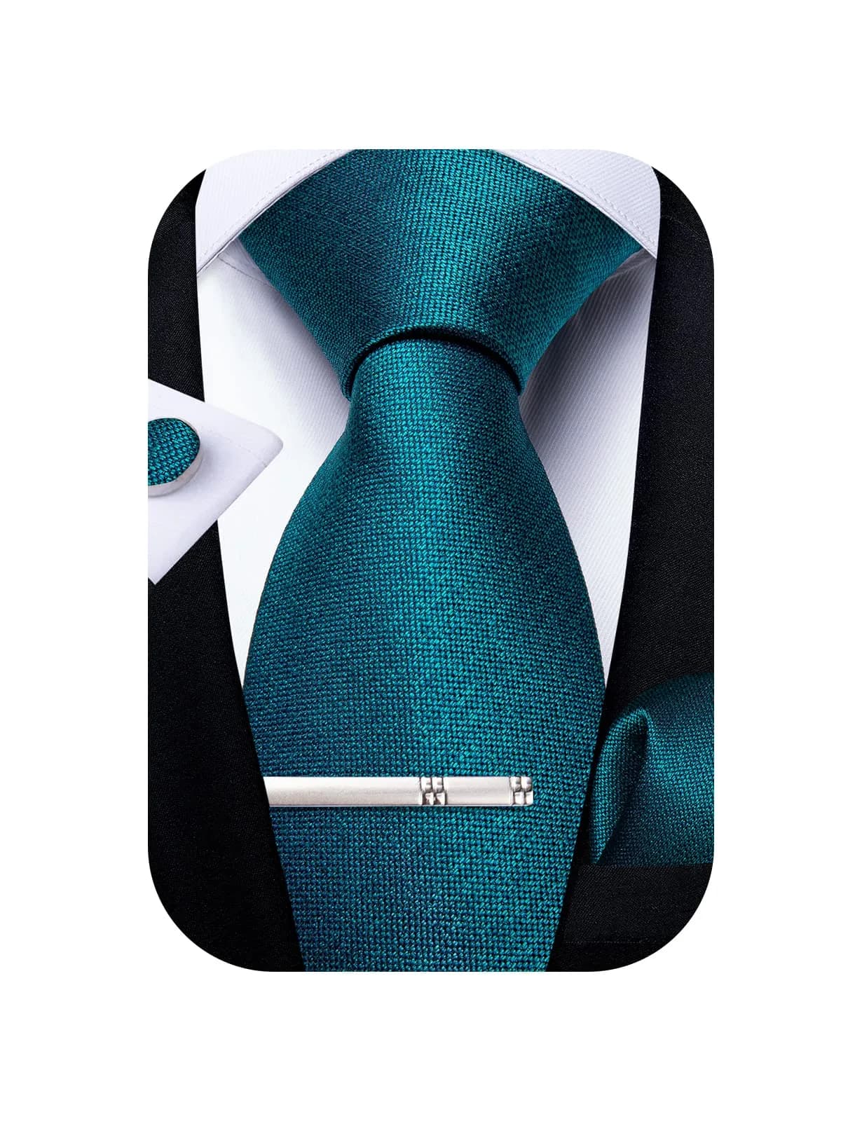 DiBanGu Teal Silk Necktie Set with Pocket Square, Cufflinks & Tie Clip | 150cm (59") x 8cm (3.15")