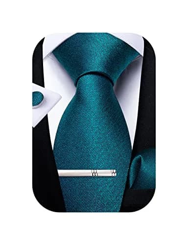 DiBanGu Teal Silk Necktie Set with Pocket Square, Cufflinks & Tie Clip | 150cm (59") x 8cm (3.15") thumbnail 1