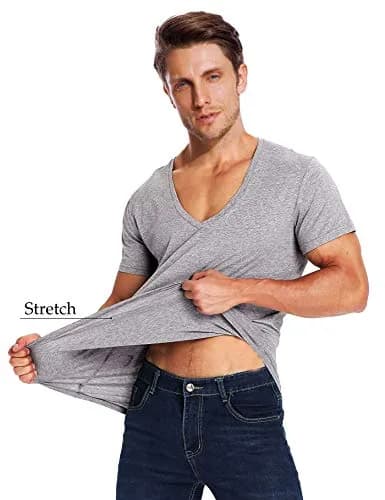 Zecmos Men's Deep V Neck T-Shirt Slim Fit Undershirt Gray XXL | Breathable Cotton for Daily Wear thumbnail 3
