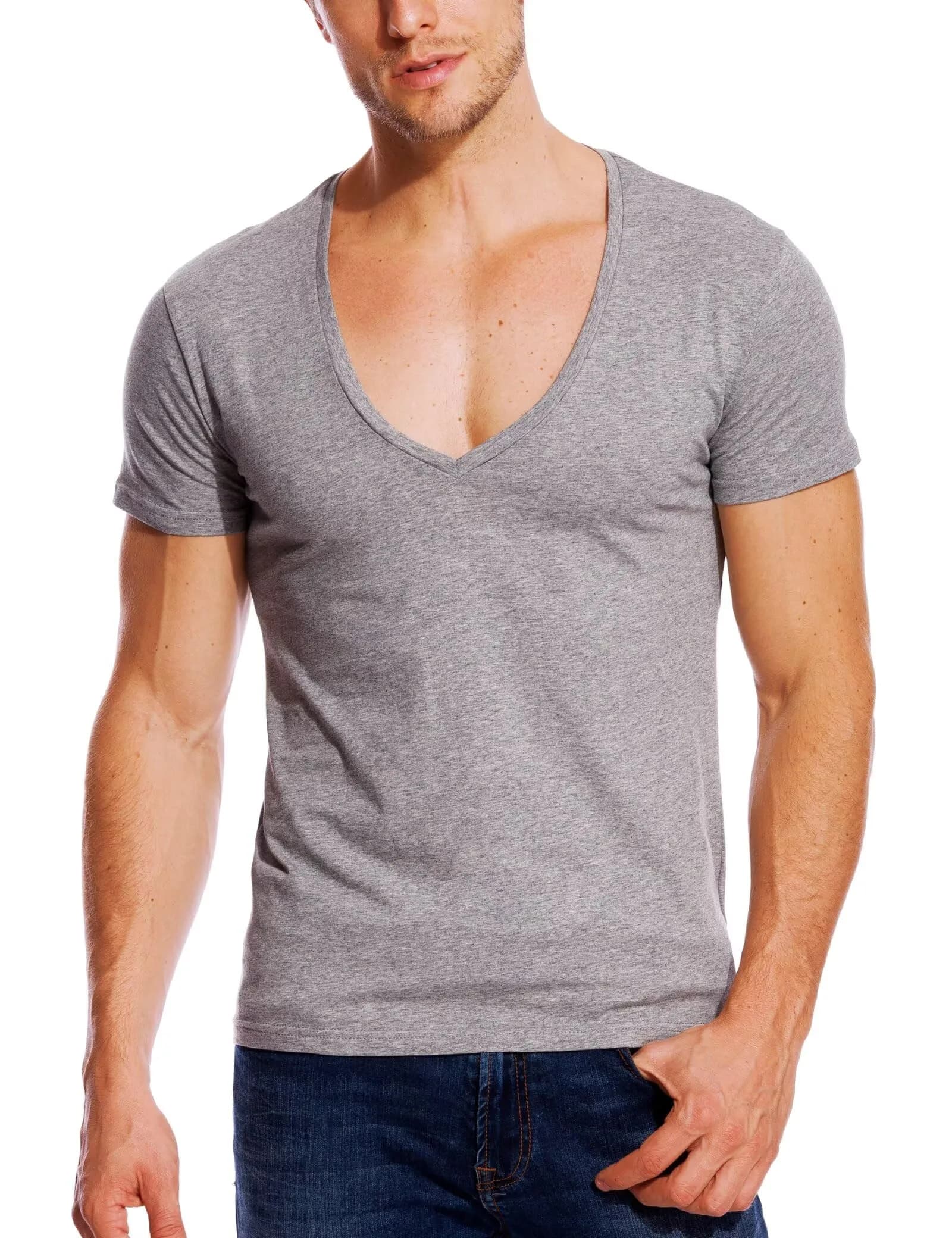 Zecmos Men's Black V Neck T-Shirt Slim Fit 100% Cotton | Lightweight Undershirt — Light Gray
