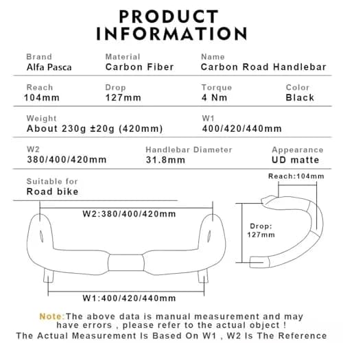 Alfa Pasca 31.8 x 420mm No Logo 3K Matte Carbon Fiber Aero Road Bike Handlebars thumbnail 2
