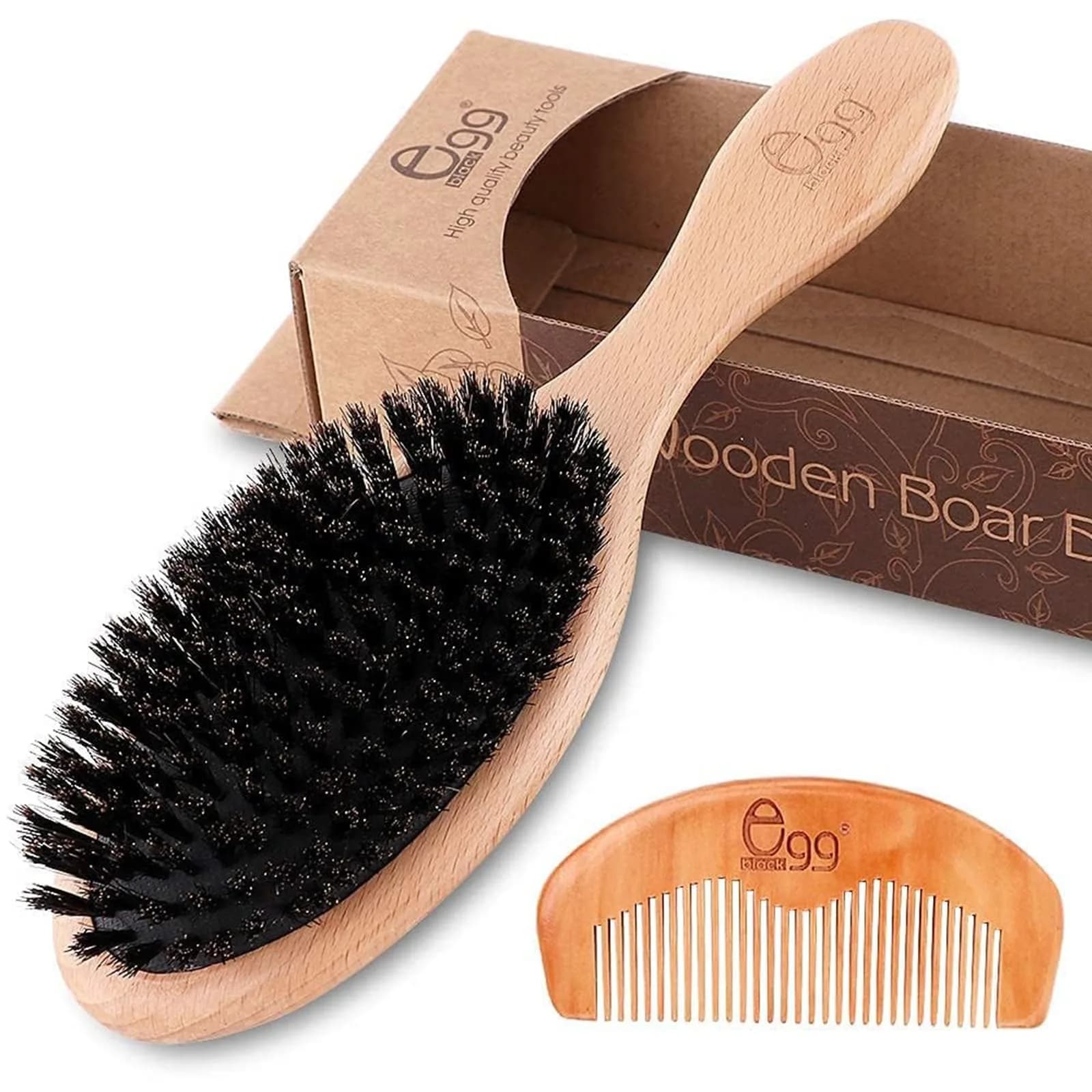 BLACK EGG Boar Bristle Hair Brush for Thin Fine Hair | Natural Bristles, Beech Wood Handle, Oval Shape - main product image
