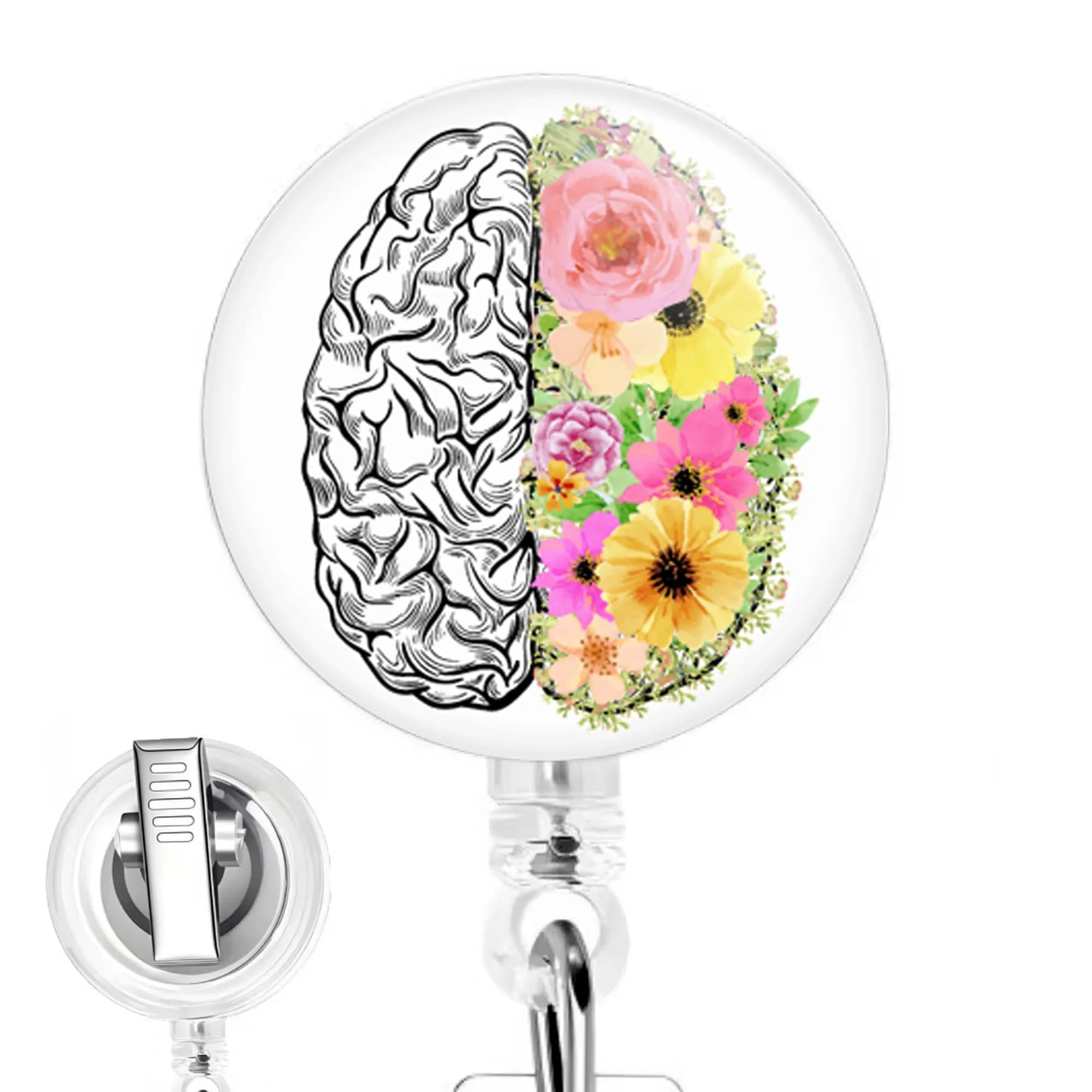 Limeloot Brunette Cringe Doll Nurse Badge Reel | Retractable ID Holder with 34-Inch Cord — Floral Brain
