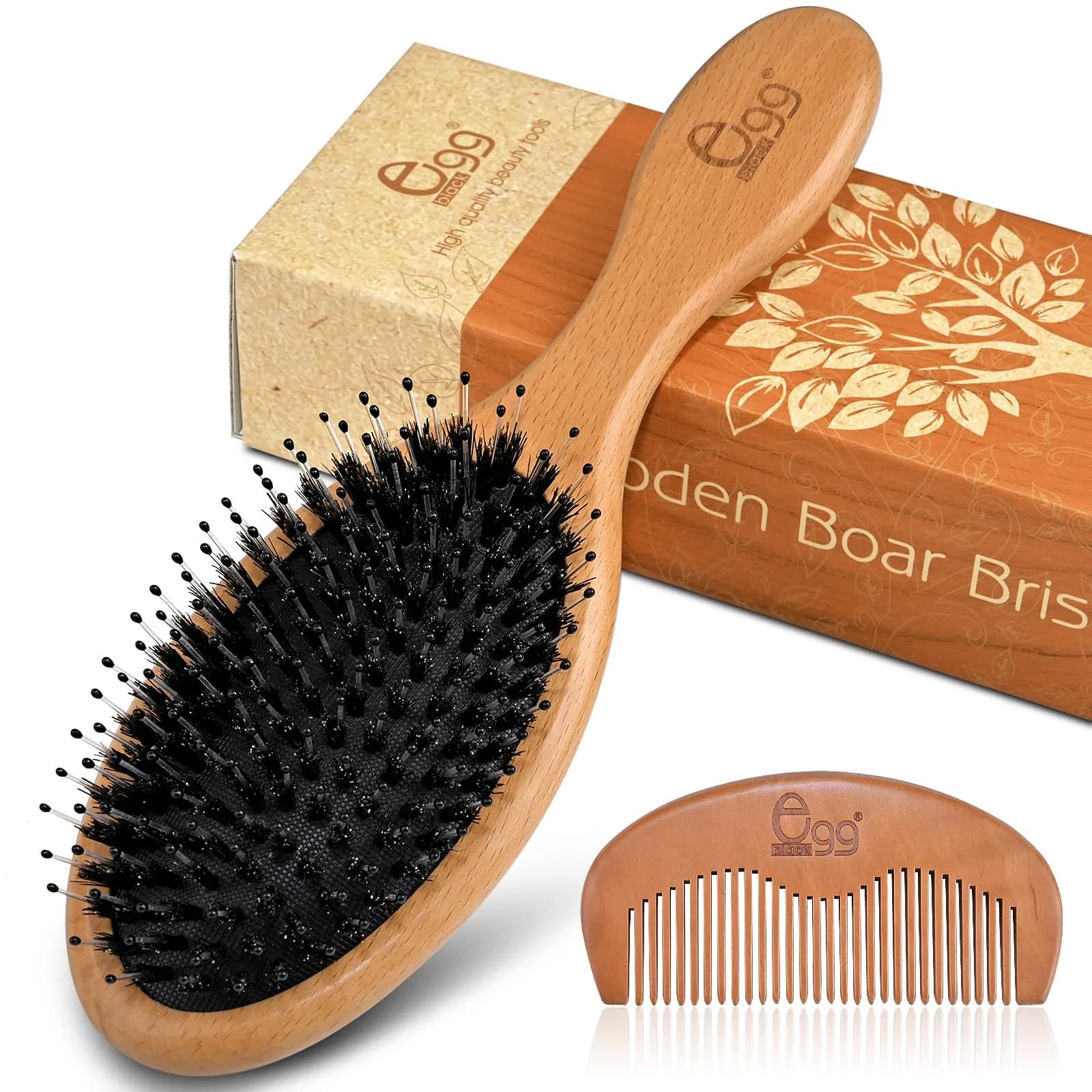 BLACK EGG Boar Bristle Hair Brush for Thin Fine Hair | Natural Bristles, Beech Wood Handle, Oval Shape — BROWN