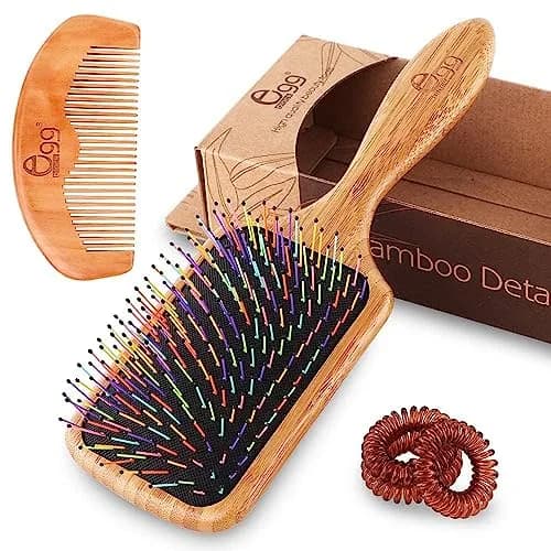 BLACK EGG Paddle Detangling Hair Brush for Women & Girls | Rainbow Nylon Bristles, Bamboo Handle, Includes Comb & Ties (22.5cm / 8.8in) thumbnail 1