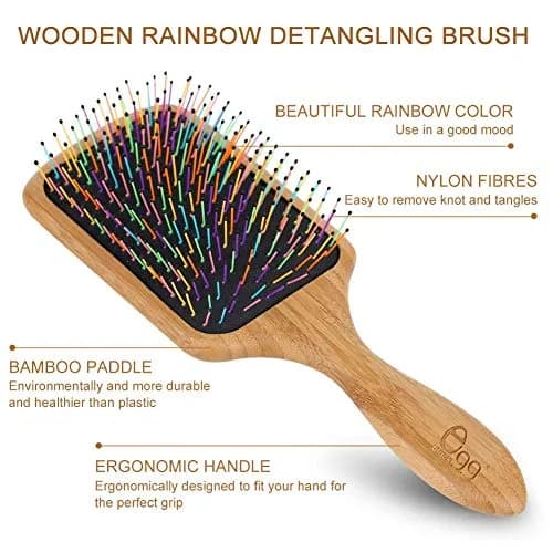 BLACK EGG Paddle Detangling Hair Brush for Women & Girls | Rainbow Nylon Bristles, Bamboo Handle, Includes Comb & Ties (22.5cm / 8.8in) thumbnail 3