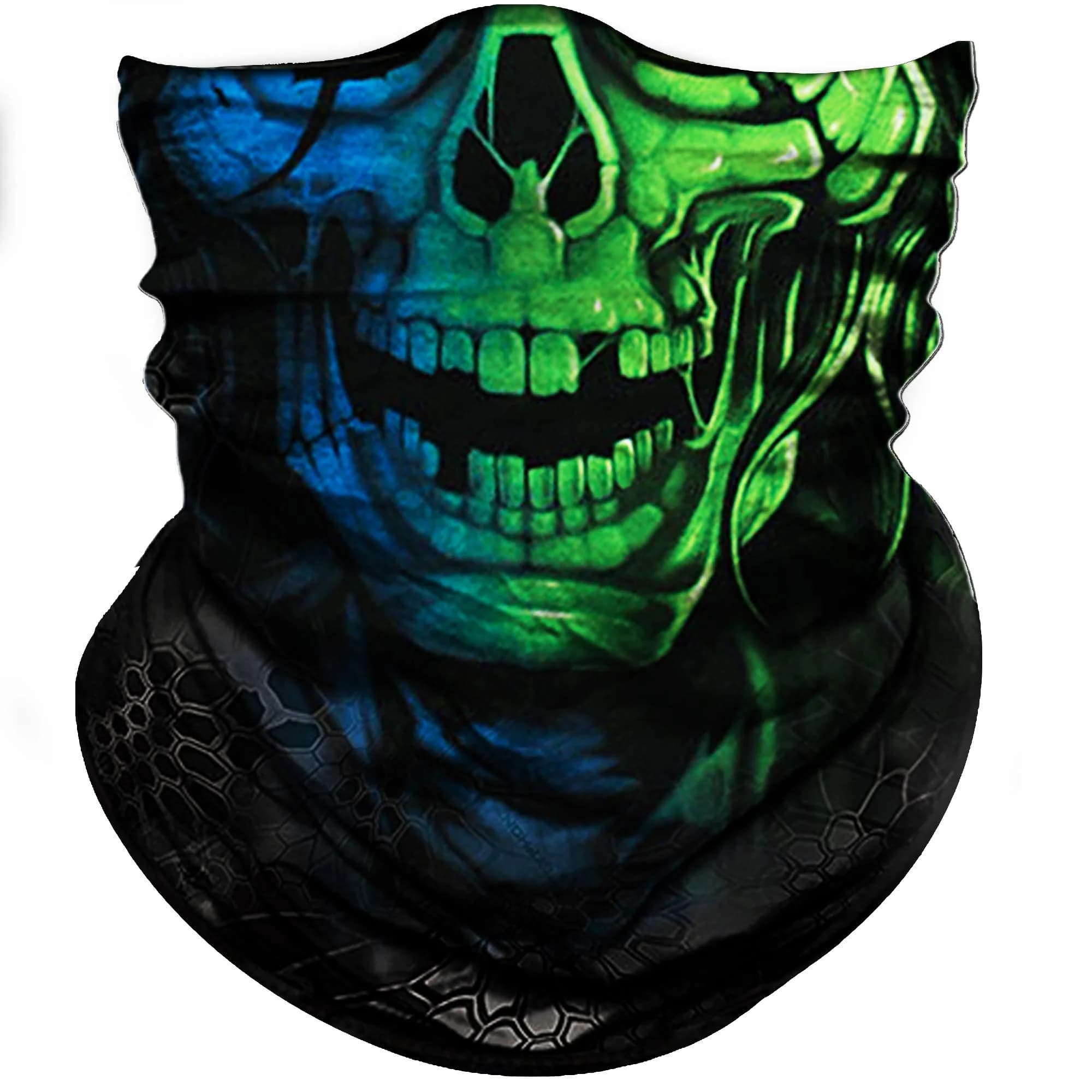 Obacle Green Blue Skull 3D Tube Face Mask for Dust, Wind & UV Protection