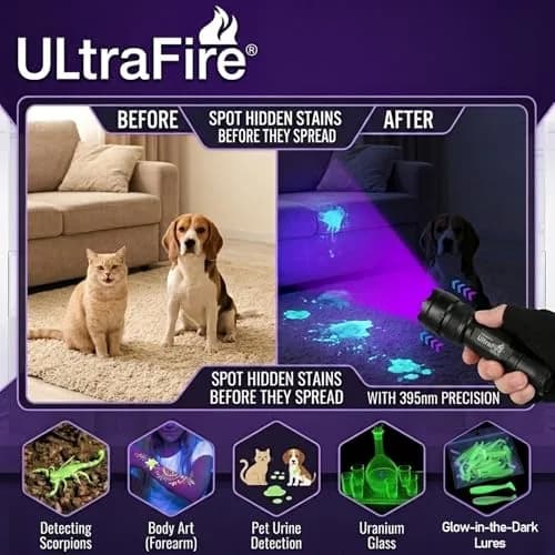 ULTRAFIRE WF-502B UV Blacklight Flashlight 104g (3.7oz) | 395-405nm LED for Pet Stains & Leak Detection thumbnail 5