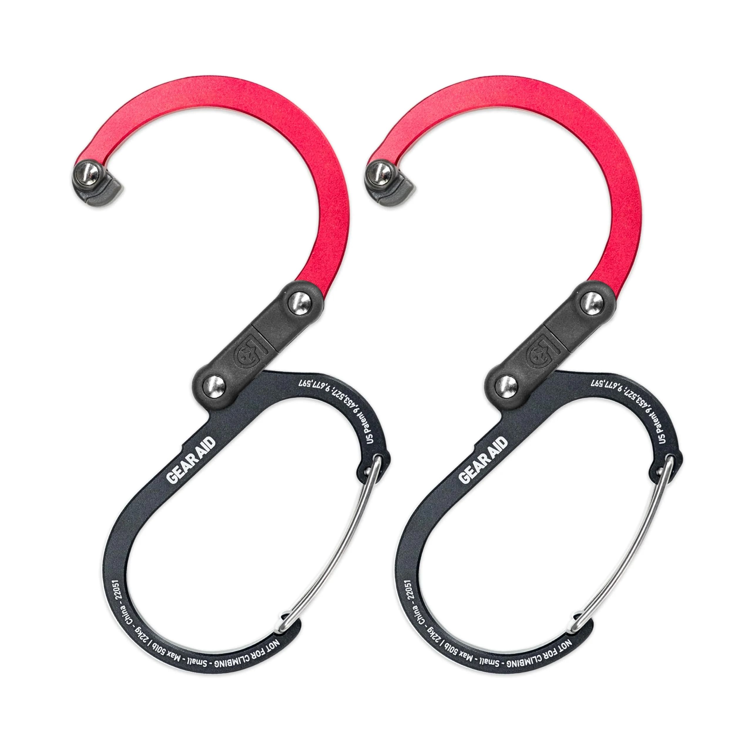 GEAR AID Heroclip Small Carabiner Clip and Hook 2-Pack (Black & Red) | Hangs Up to 50 lbs Securely