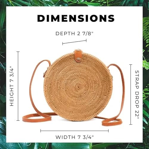 Novum Crafts Handmade Rattan Purse - Straw Wicker Crossbody Bag for Women, 20 cm (7.75") Diameter | Bali Woven Boho Beach Style thumbnail 5