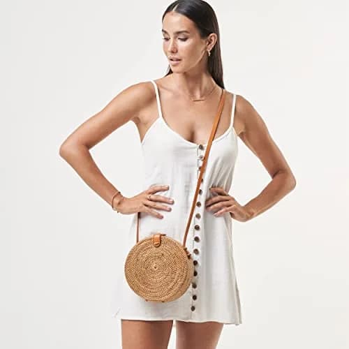 Novum Crafts Handmade Rattan Purse - Straw Wicker Crossbody Bag for Women, 20 cm (7.75") Diameter | Bali Woven Boho Beach Style thumbnail 6