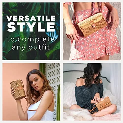 Novum Crafts Handmade Rattan Purse - Straw Wicker Crossbody Bag for Women | Tropical Bohemian Style thumbnail 7