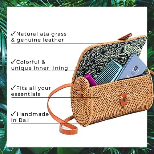 Novum Crafts Handmade Rattan Purse - Straw Wicker Crossbody Bag for Women | Tropical Bohemian Style thumbnail 4
