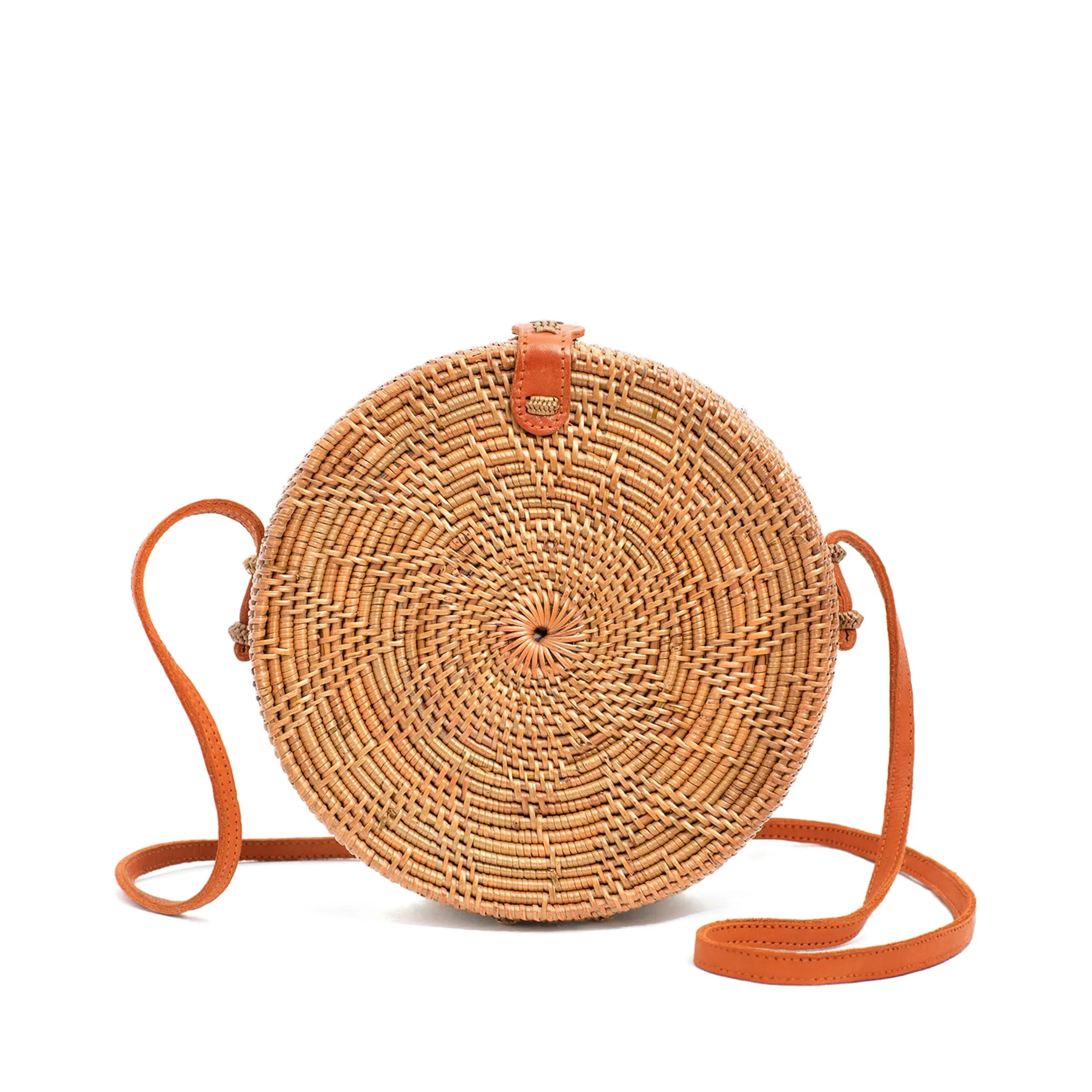 Novum Crafts Handmade Rattan Purse - Straw Wicker Crossbody Bag for Women, 20 cm (7.75") Diameter | Bali Woven Boho Beach Style — Brown Star