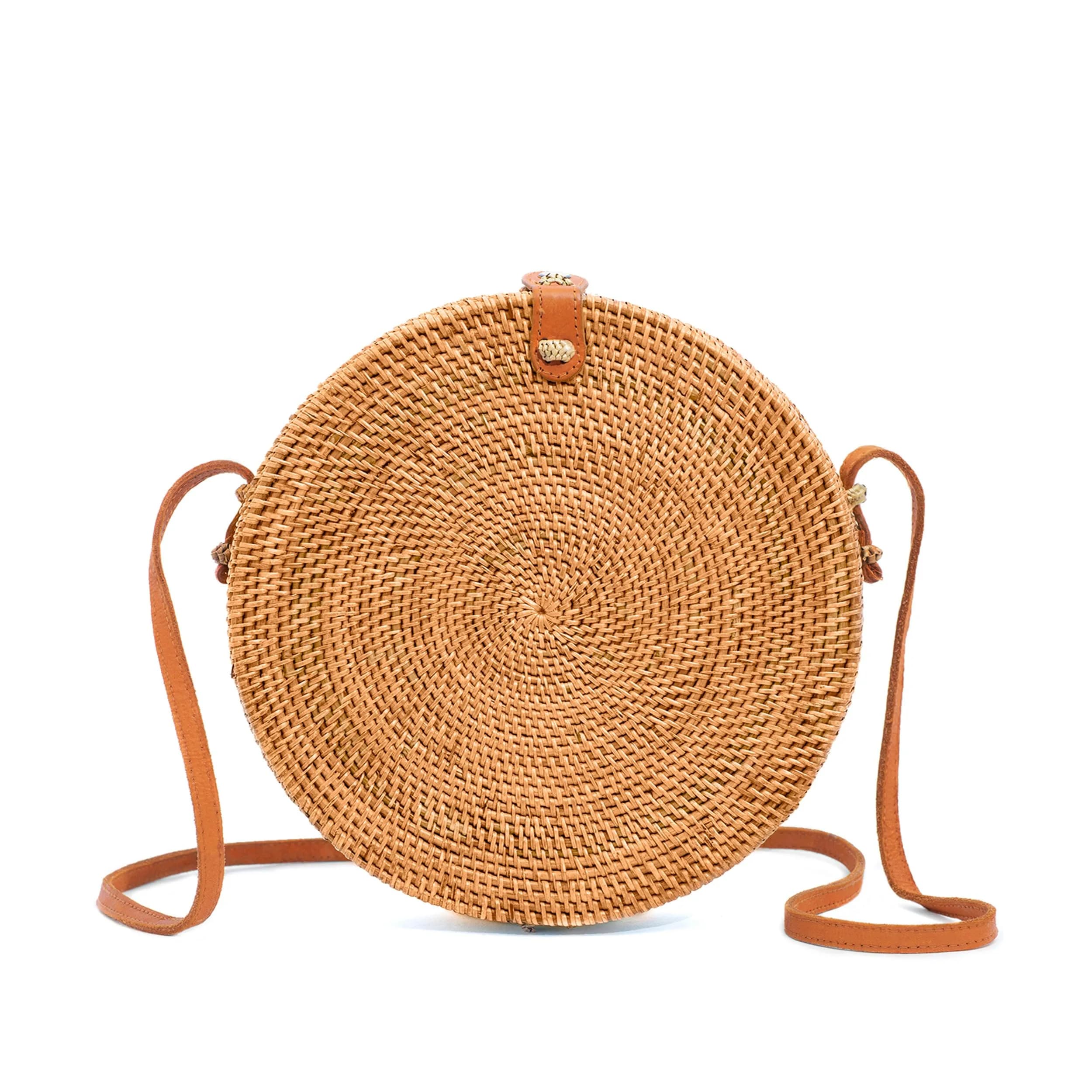 Novum Crafts Handmade Rattan Purse - Straw Wicker Crossbody Bag for Women, 20 cm (7.75") Diameter | Bali Woven Boho Beach Style — Brown Big
