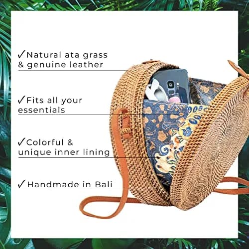 Novum Crafts Handmade Rattan Purse - Straw Wicker Crossbody Bag for Women | Tropical Bohemian Style thumbnail 3